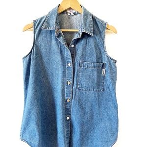 Women's Large Vintage Guess Denim Sleeveless Made in USA Button Up